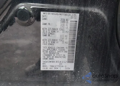 2015 Nissan Rogue Sl from USA, damaged, VIN 5N1AT2MT8FC854152